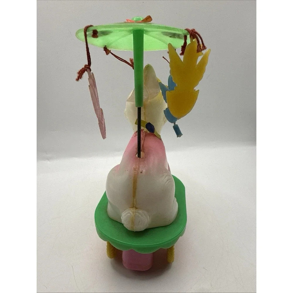 Vintage 60s Celluloid Wind Up  Toy Bunny Chicks Umbrella Bobble WORKS
